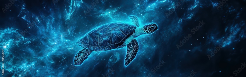 Aufkleber surreal glowing turtle swimming through a cosmic ocean of vibrant colors and luminous patterns