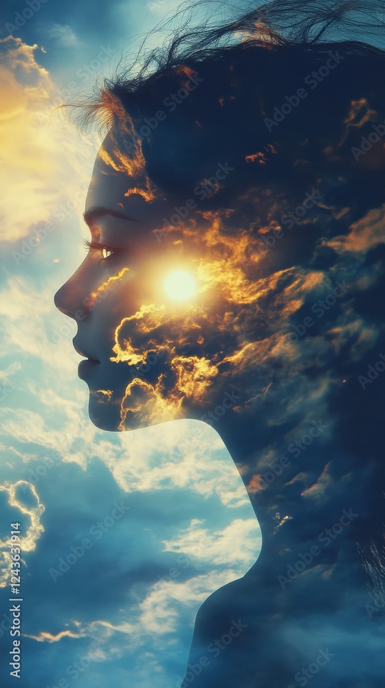 Aufkleber surreal glowing representation of a woman with a celestial backdrop at twilight