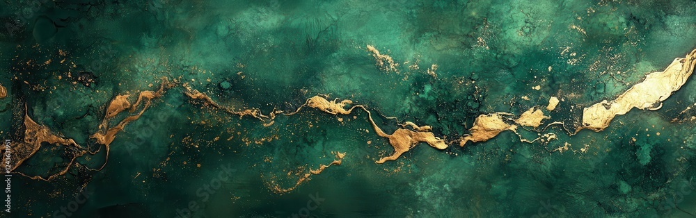 Poster Textured abstract background featuring deep emerald colors with golden accents flowing through the surface