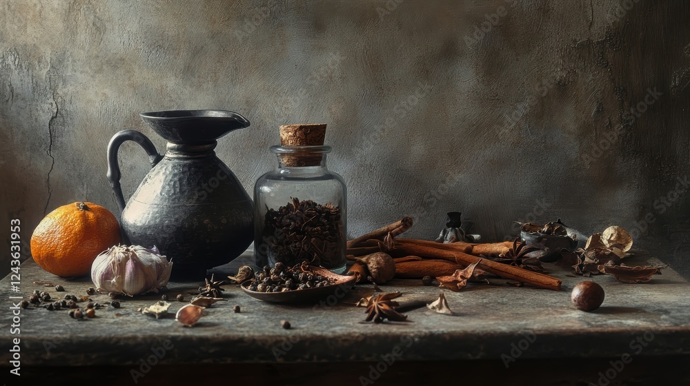 Wall mural a still life of a pitcher, orange, and spices