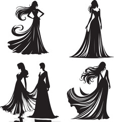 Maxi Dresses black and white silhouette, Illustrations of Flowing Floor-Length Maxi Dresses