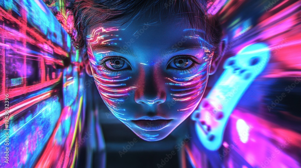 Fototapete surreal child’s face illuminated with vibrant colors and glowing patterns in an artistic setting