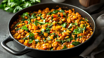 A rich blend of lentils and beans creating a mosaic-like texture.