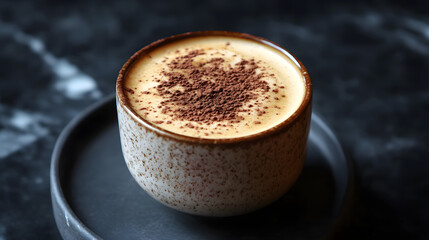 A rich cappuccino with a frothy top, sprinkled with cocoa powder, served in a porcelain cup.