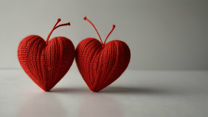 Two Red Knitted Hearts on White Background,Valentine’s Day Theme with Ample Copy Space for Text
