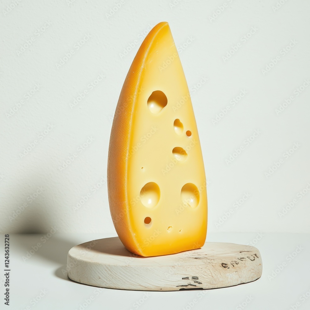 Poster smooth swiss cheese slice standing elegantly on a wooden base against a minimalist backdrop