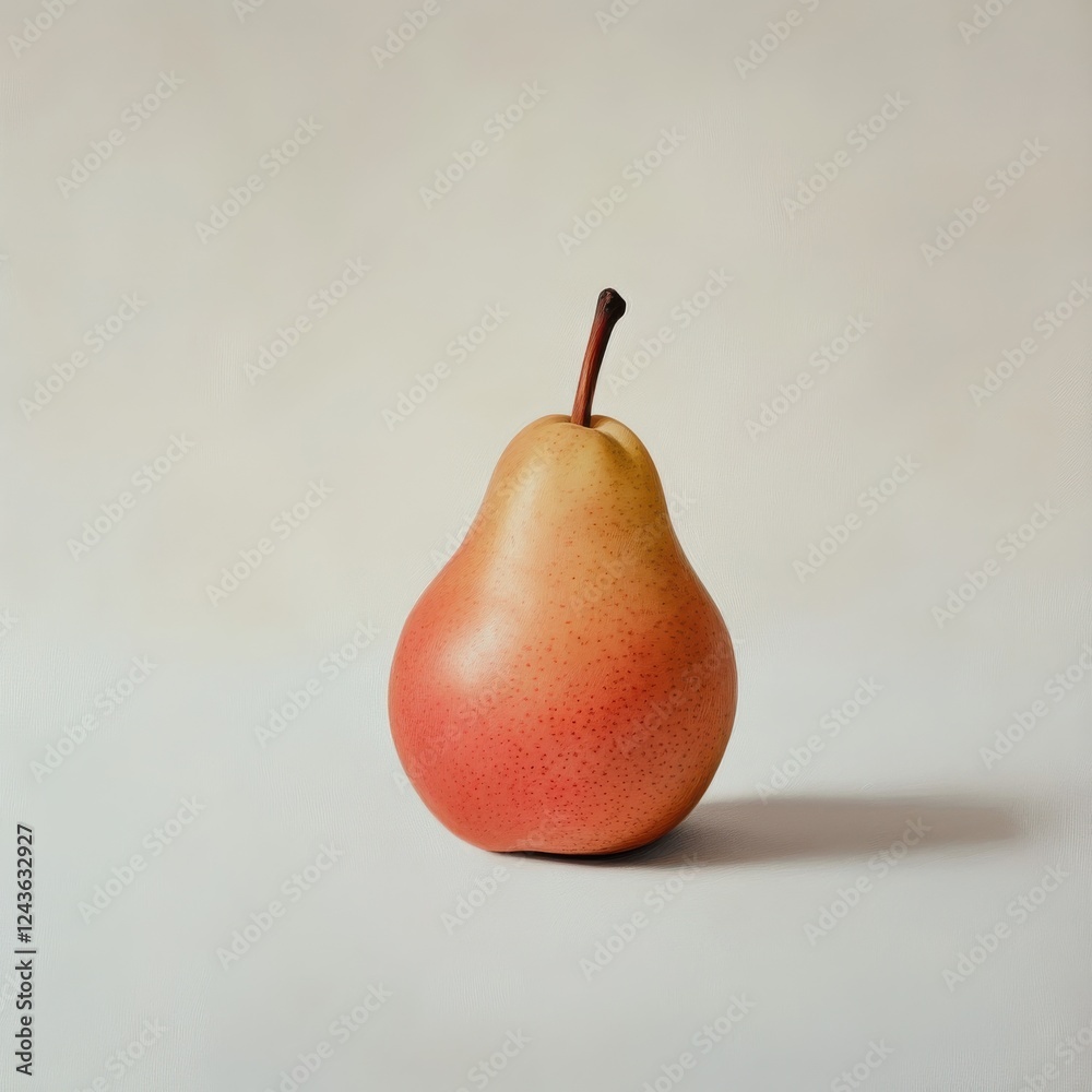 Poster Ripe pear with a soft blush of red on a neutral background in a bright setting