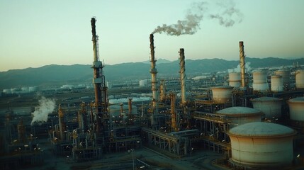 Fototapeta premium Wide-angle aerial shot of an oil refinery plant showcasing the distillation units, storage tanks, and extensive piping systems. Reflecting the scale of the refining process.