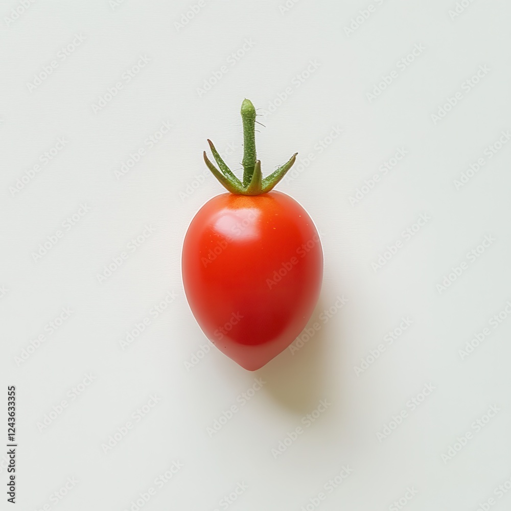 Poster fresh grape tomato resting on a light surface showcasing its vibrant red color and glossy sheen