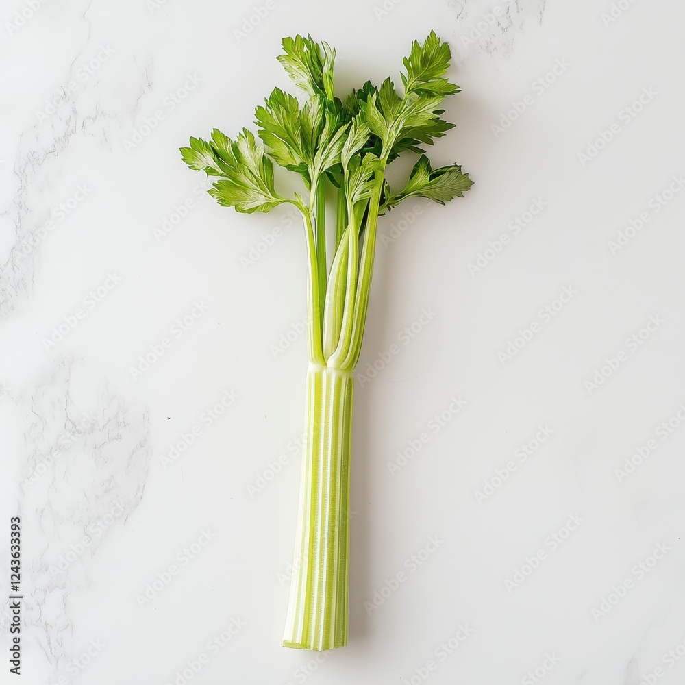Poster fresh celery stalk with crisp green leaves arranged on a light marble background