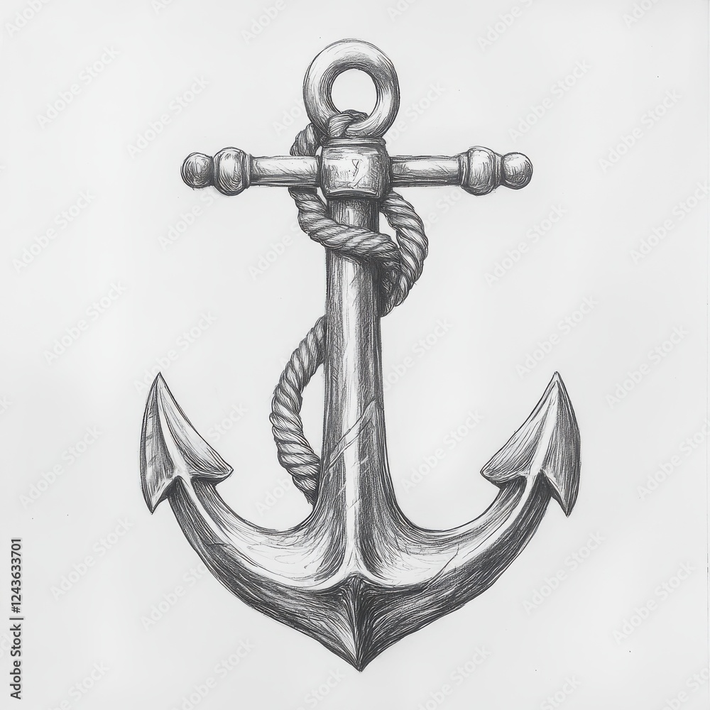 Poster detailed rendering of a ship's anchor with coiled rope showcasing maritime craftsmanship
