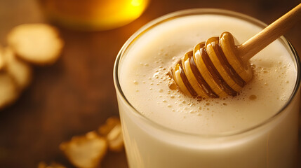 A rich, foamy glass of milk topped with a drizzle of honey. The creamy milk contrasts with the golden honey, creating a warm and comforting scene.