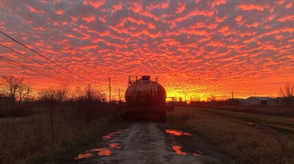 The tank in the industrial area is highlighted by the soft glow of sunset light. The sky is filled with warm oranges and reds, casting a stunning contrast against the metal structure.