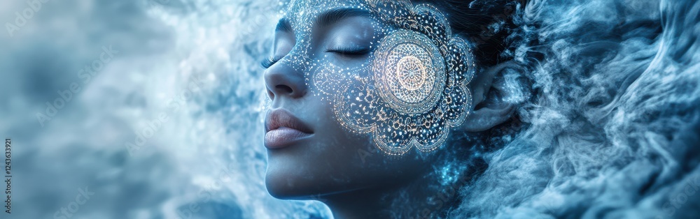 Aufkleber model's serene face glowing with intricate patterns in a calming atmosphere