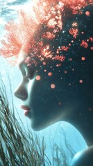 Portrait of a woman with a glowing coral crown underwater in a tranquil ocean setting