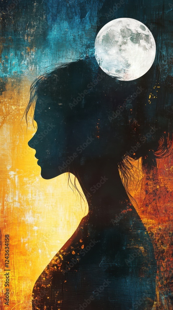 Poster glowing silhouette of a woman with moonlight in the background creating a serene atmosphere at dusk