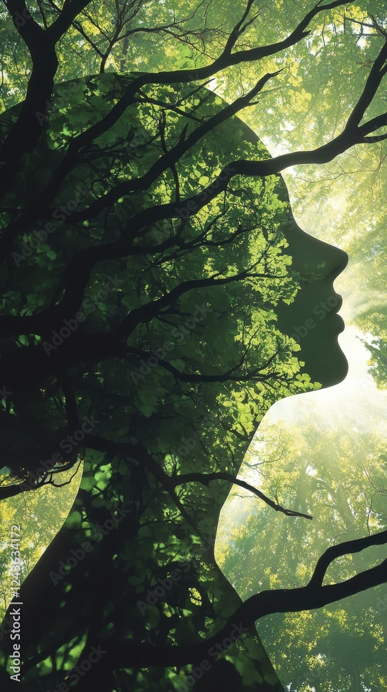 Poster serene portrait of a woman with nature elements illuminated by soft sunlight in a lush forest settin