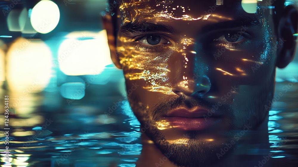 Poster portrait of a man with glowing features reflecting serene water patterns at night