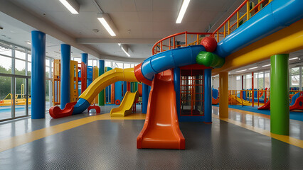Modern Indoor Children’s Playground with Colorful Slides.

