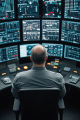 Control room operations data analysis tech hub digital environment focused view