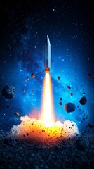 Rocket Launch Into Space - A powerful rocket blasts off, leaving a fiery trail as it ascends through a field of space rocks and a nebula.