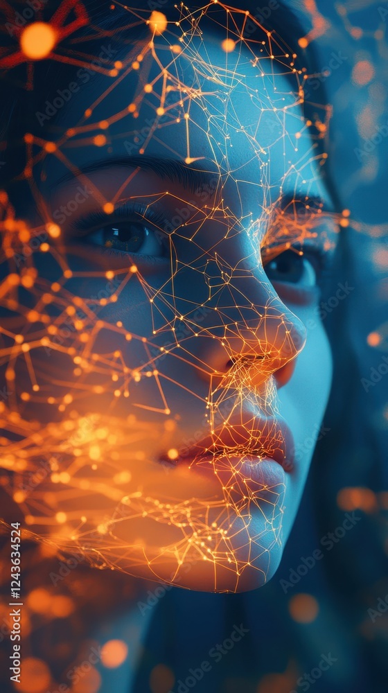 Fototapete serenity and connection portrayed through a woman's face merging with digital patterns at twilight