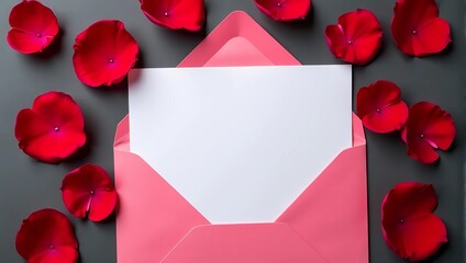 Top view of blank white paper card in pink envelope, surrounded with red rose petals, isolated black background. Valentine's Day, Anniversary, or Women's Day celebration concept 