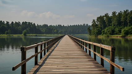 Obraz premium World’s Longest Wooden Bridge, Scenic Landmark with Copy Space for Text or Design 