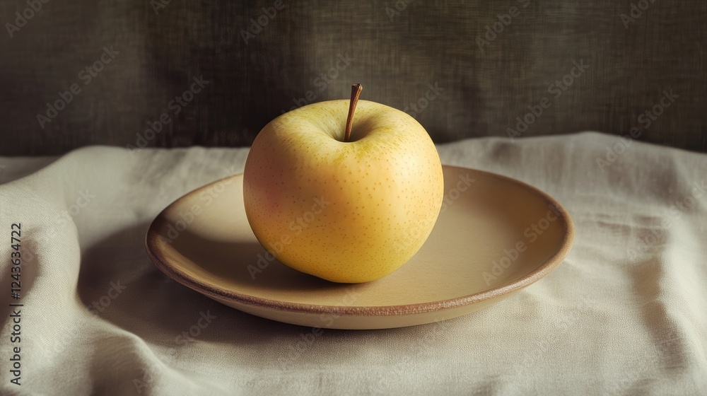 Poster a yellow apple sitting on a plate on a table