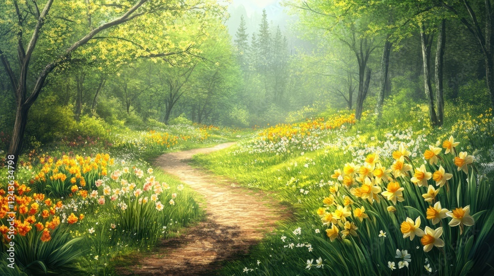 Aufkleber scenic meadow with a winding path and vibrant flowers in a tranquil natural setting