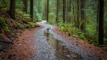 Obraz premium Serene forest trail winding through trees after a refreshing rain shower during early morning hours