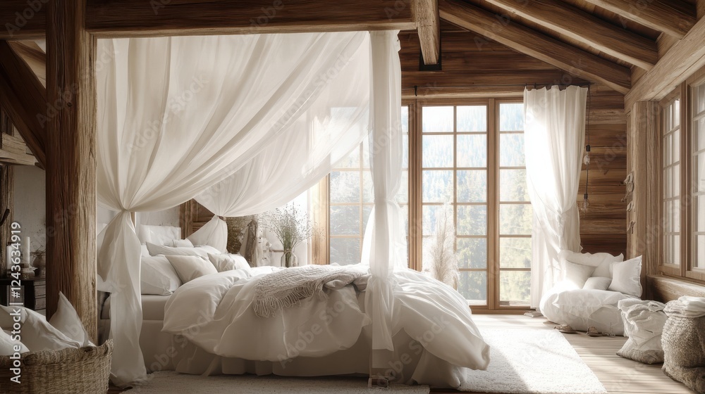 Poster rustic bedroom with soft white canopy bed and natural light through large windows in a serene woodla