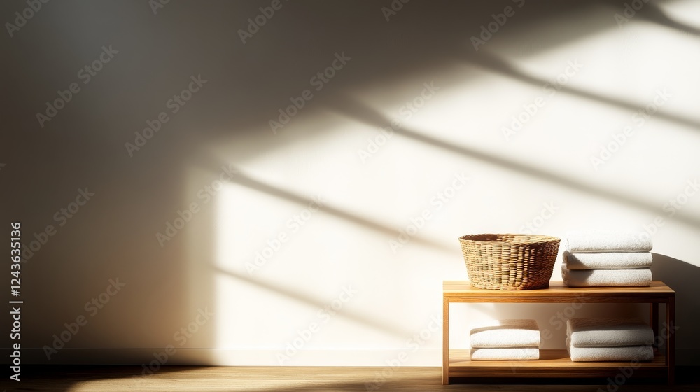 Poster neatly arranged towels are rolled on a linen shelf, complemented by a woven basket. natural light cr