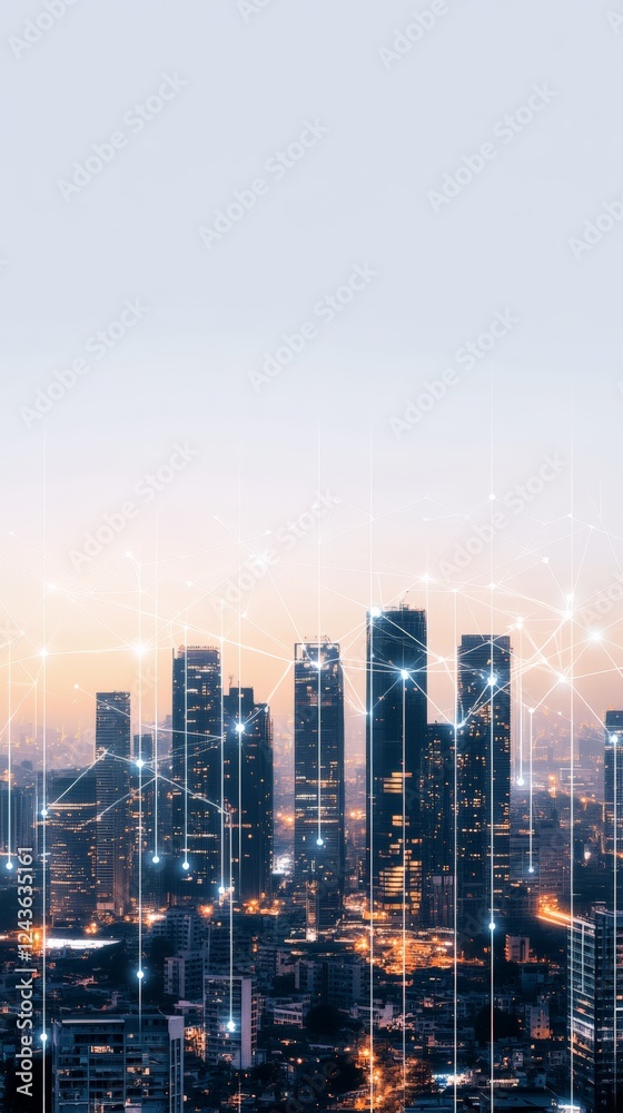 Poster Modern cityscape with interconnected network illuminating the skyline at dusk, symbolizing the integration of technology and urban development