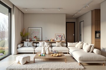 A Easter living space showcases a collection of plush bunnies, a colorful egg display, and sweet bunny-shaped cookies. The backdrop is adorned with garlands. Modern Interior Style.