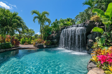 Naklejka premium a hidden waterfall tumbling over rugged rocks into a tranquil pool, with lush greenery framing the scene and small pebbles lining the water's edge.