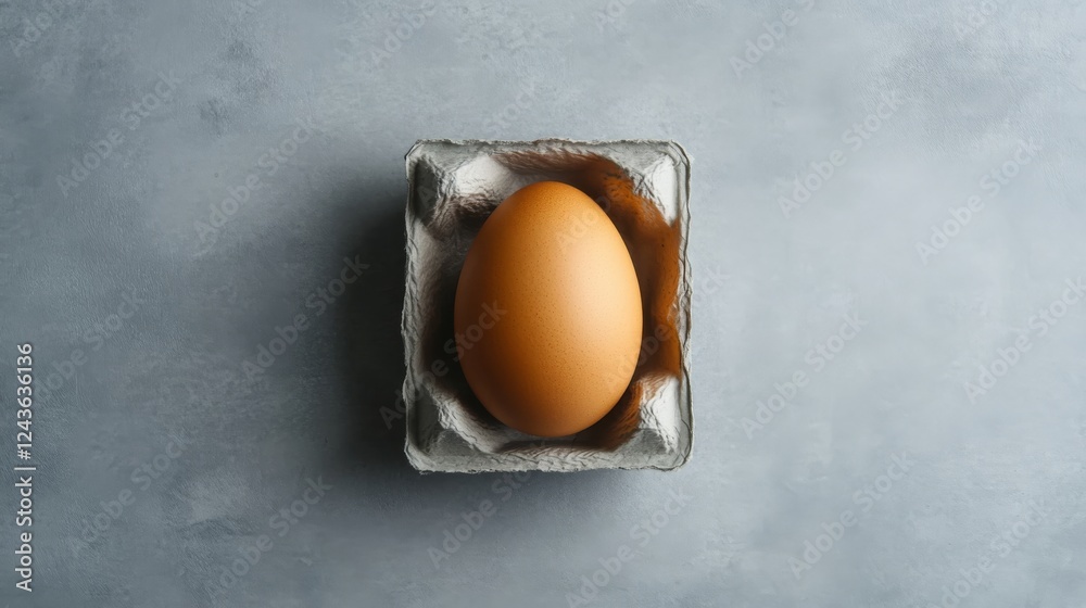 Aufkleber single raw chicken egg placed on gray paper carton against a smooth gray background, ideal for culin