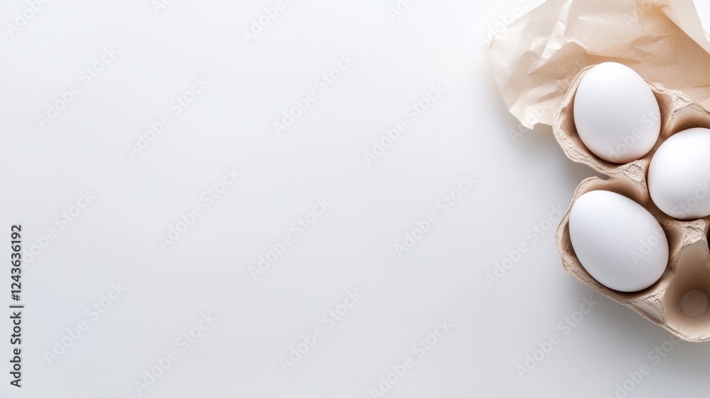 Poster a single white egg rests in a paper carton, surrounded by soft light on a clean white background, cr