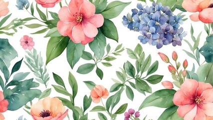 Colorful floral pattern featuring assorted flowers and green leaves on a light background