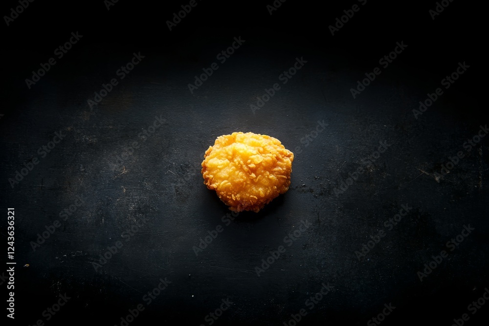 Poster a single crispy fried chicken tender rests on a black stone table, highlighted by soft light, with a