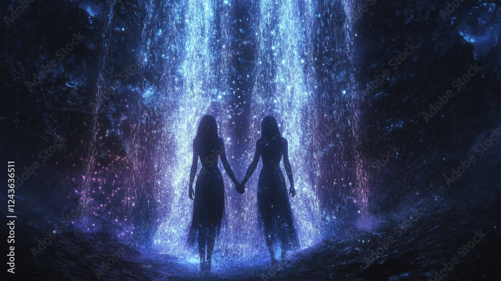 Poster mystical encounter of two figures holding hands beneath a waterfall of shimmering lights in an encha