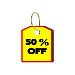 50% off yellow tag with red border, beige cord and white background
