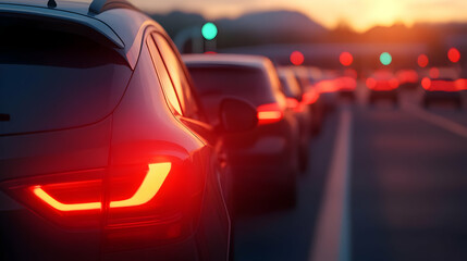 A close-up view of cars in a traffic jam at sunset, with red tail lights glowing and green traffic lights ahead.