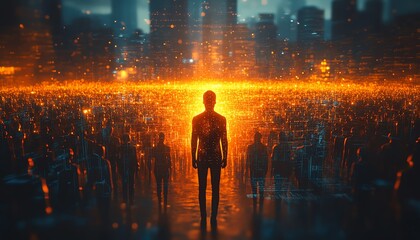 Brightly lit individual in a crowd, personal branding concept, glowing aura, modern digital cityscape, standing out confidently, ultrarealistic, 8K