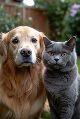 Fototapeta premium Golden retriever and British shorthair cat together in a lush garden, showcasing friendship and companionship between different pet species.