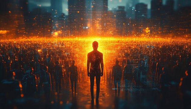 Brightly lit individual in a crowd, personal branding concept, glowing aura, modern digital cityscape, standing out confidently, ultrarealistic, 8K