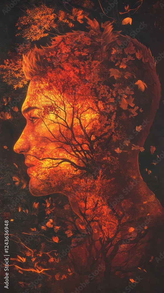 Poster mystical profile of a man surrounded by autumn foliage and vibrant colors capturing the essence of n