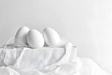 Three white eggs on a white background with copy space.