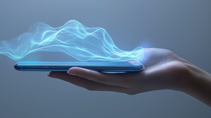 Close-Up of a Hand Holding a Smartphone with Blue Light Waves Emitting from the Device