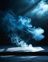 artistic product display background podium stage, dark stage with smoky dark blue background, empty dark room, window shadows, ad, podium platform, product presentation space